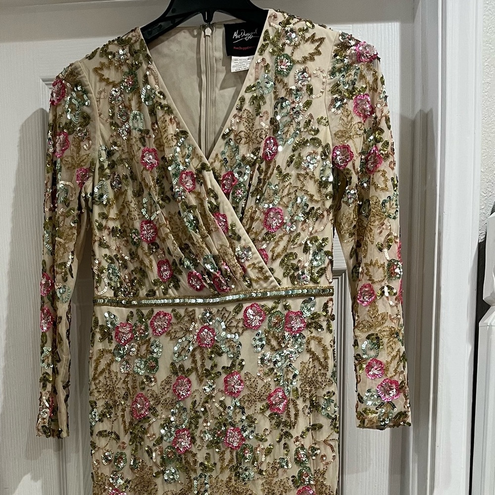 Mac Duggal Floral Embellished Long Sleeve Dress - Pink and Green